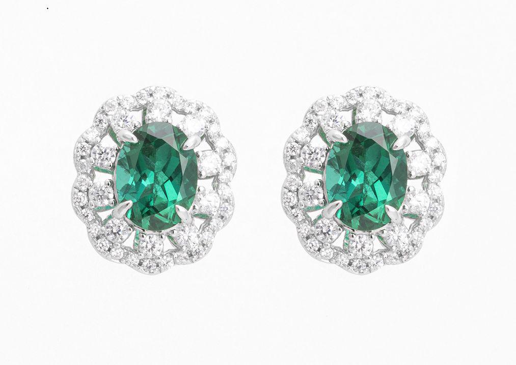 Twin Light Halo Studs, Cultivated Emerald, Flower Halo Pair — image 1