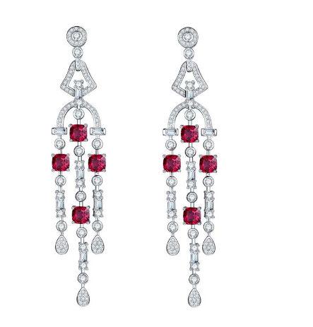 Gatsby Art Deco Chandelier Earrings, Cultivated Ruby, Three-Tier Drop — image 1